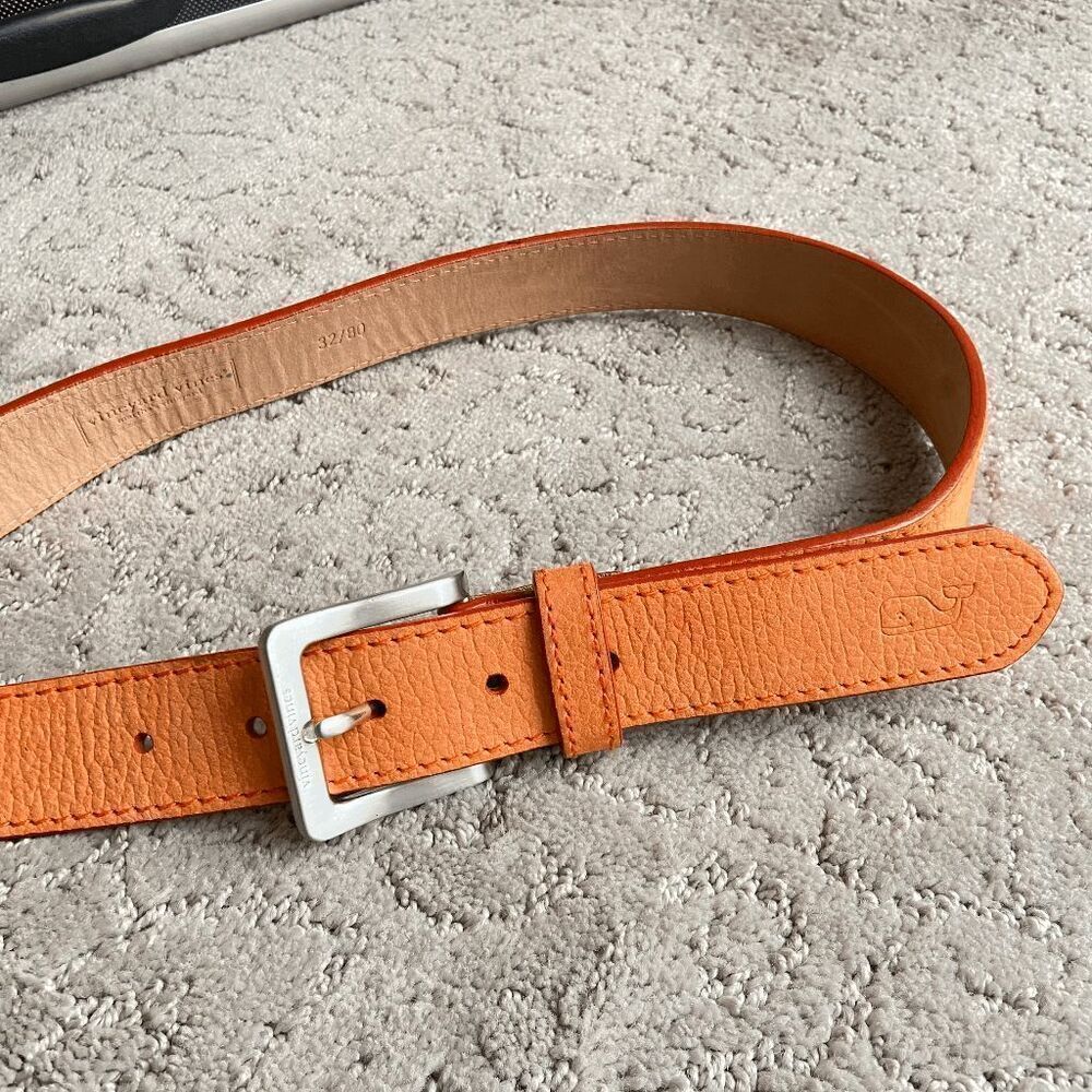 Vineyard Vines Casual Orange Pebbled Leather Sliver Buckle Belt - 32/80 UNISEX
